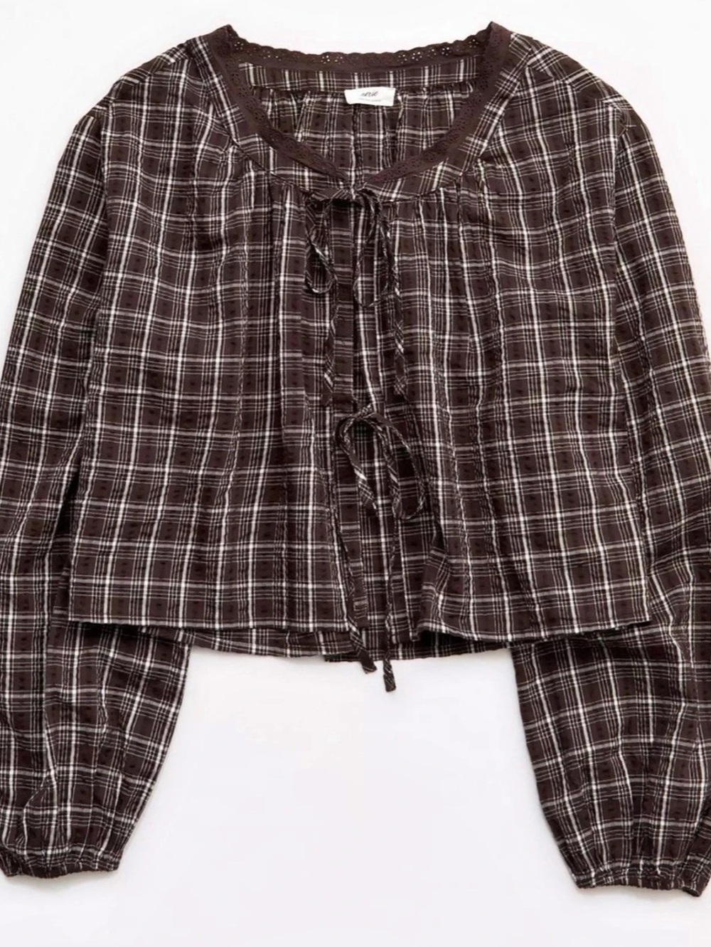 OVERSLEPT by Aerie Seersucker Long Sleeve Volume Tie Top